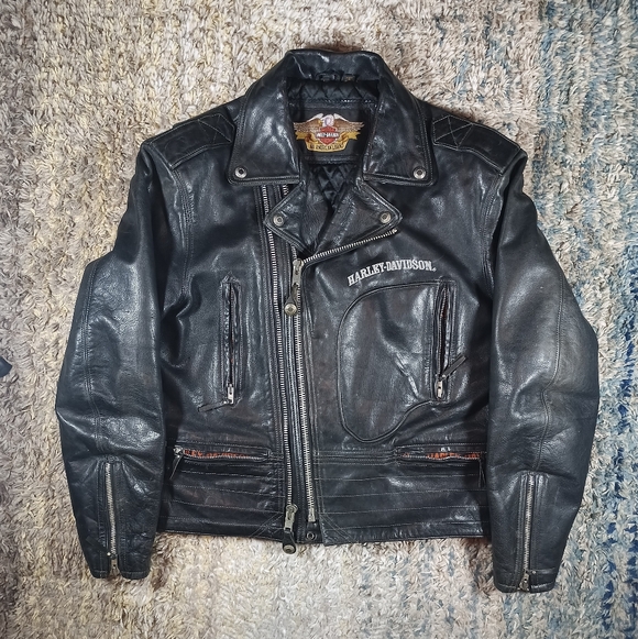 Harley-Davidson Other - Vintage Harley Davidson Leather Jacket D Pocket Embroidered Double Zipper
